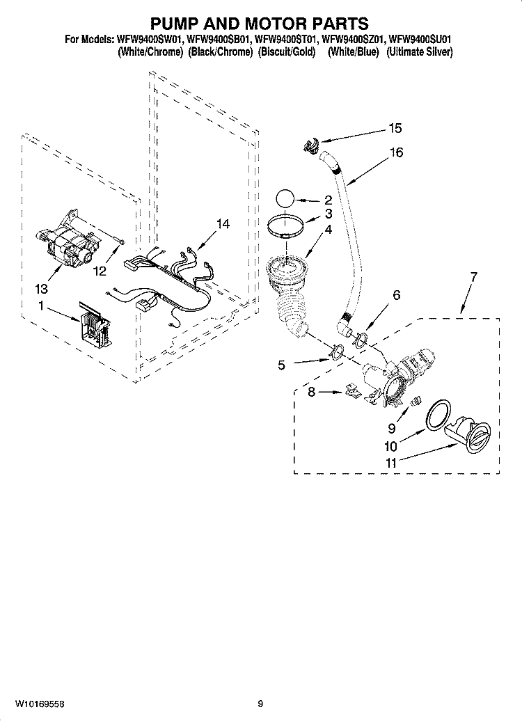 PUMP AND MOTOR PARTS, OPTIONAL PARTS (NOT INCLUDED) Diagram and Parts List for WFW9400SW01  Whirlpool Washer