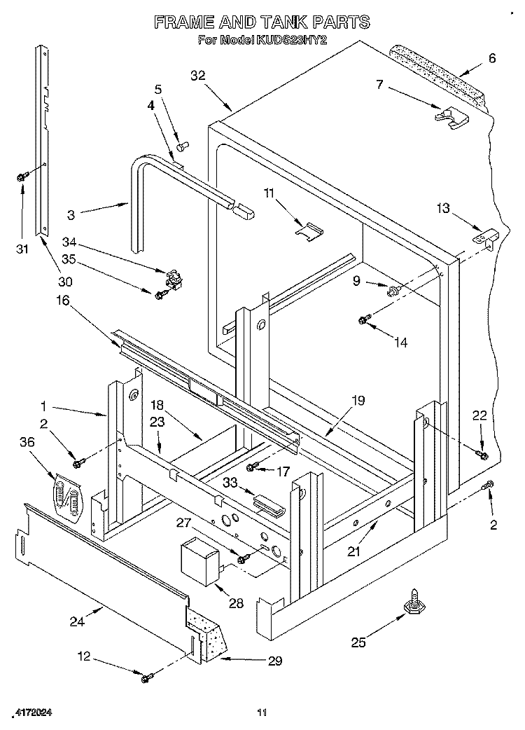 FRAME AND TANK Diagram and Parts List for KUDS23HY2  KitchenAid Dishwasher