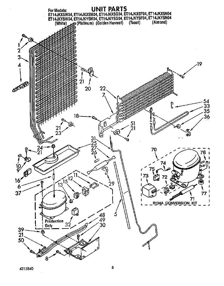 UNIT Diagram and Parts List for ET14JKXSW04  Whirlpool Refrigerator