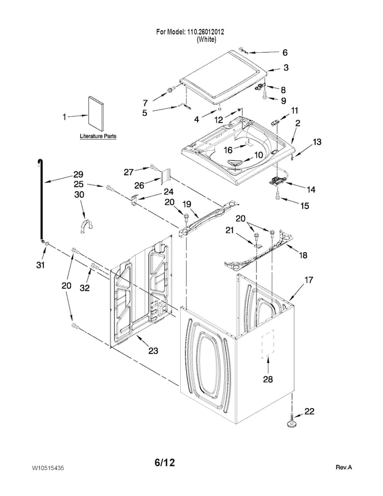 Top And Cabinet Parts Diagram and Parts List for 11026012012  Kenmore Washer