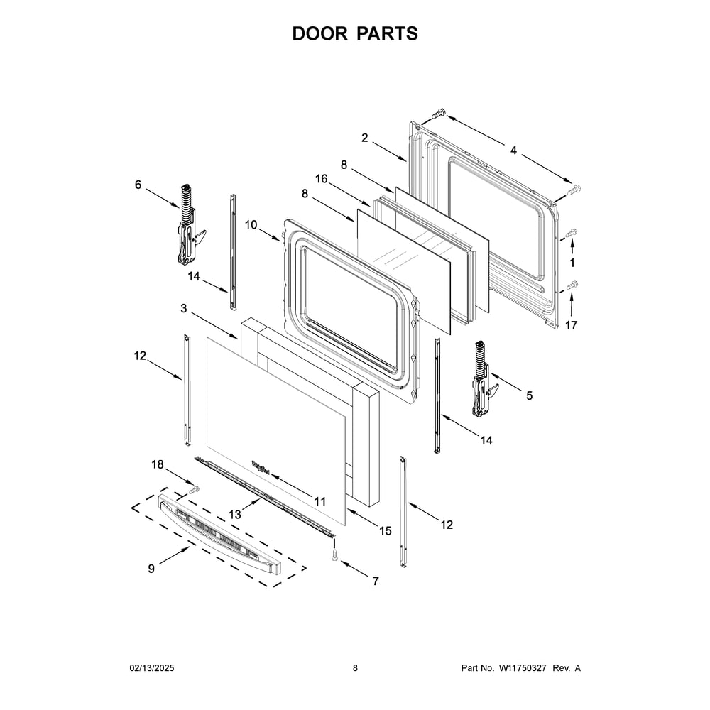 Door Parts Diagram and Parts List for YWSES7530RV0  Whirlpool Wall Oven