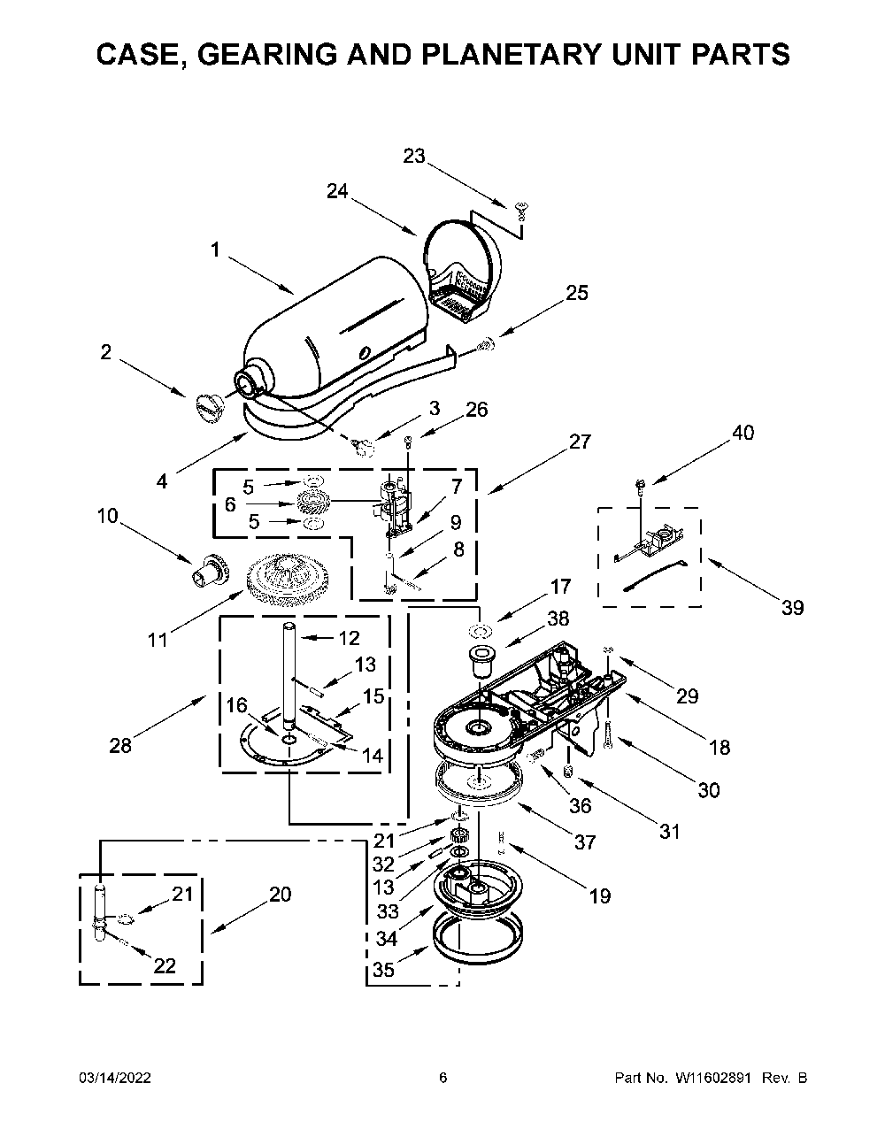 Case, Gearing And Planetary Unit Parts Diagram and Parts List for 5KSM195PSWBM0  KitchenAid Mixer