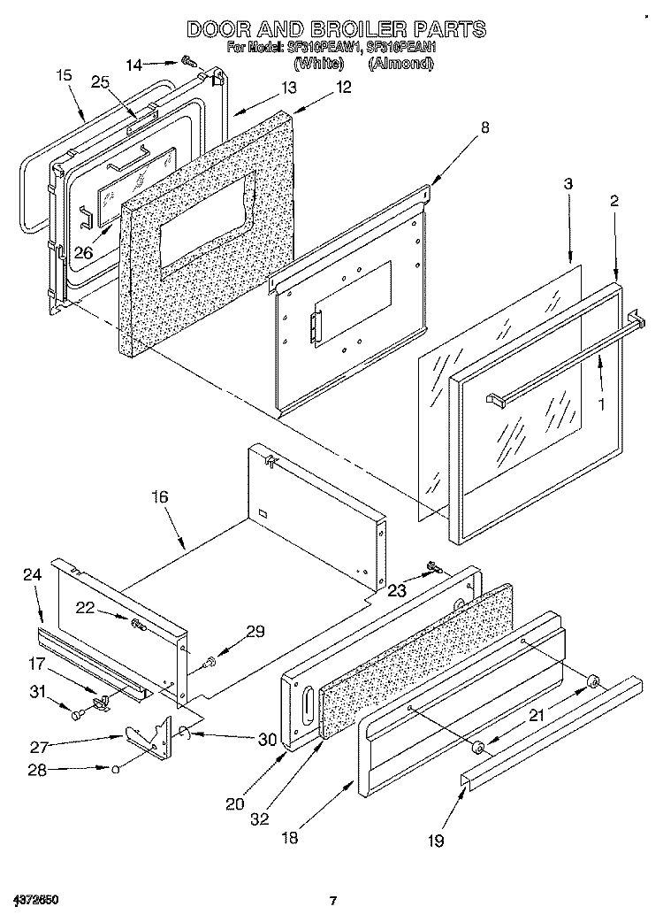 DOOR AND BROILER Diagram and Parts List for SF310PEAW1  Whirlpool Range