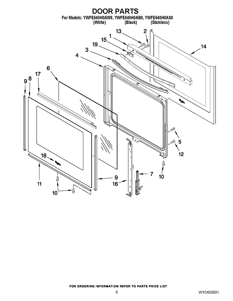 DOOR PARTS Diagram and Parts List for YWFE540H0AW0  Whirlpool Range