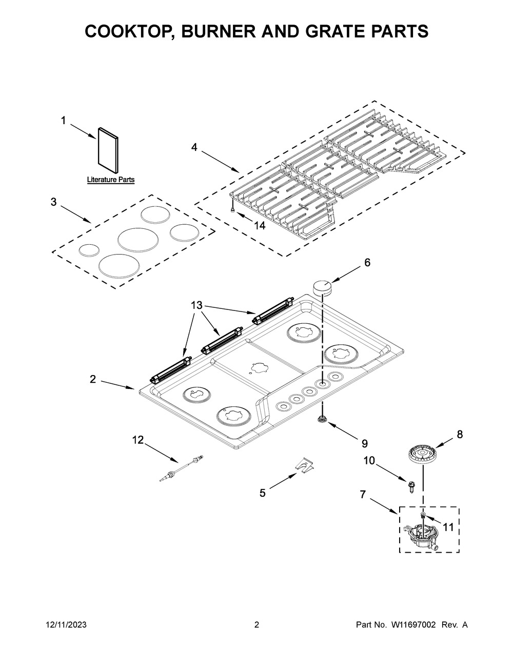Cooktop, Burner And Grate Parts Diagram and Parts List for WCGK7030PS00  Whirlpool Cooktop