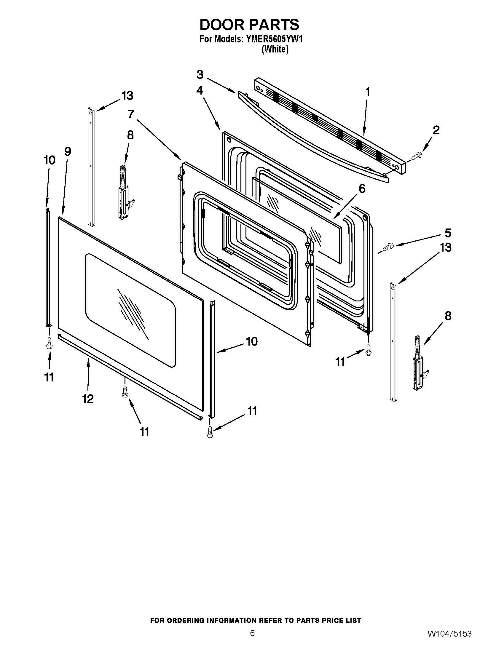 05 - DOOR PARTS Diagram and Parts List for YMER5605YW1  Whirlpool Range