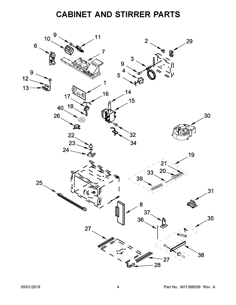 Cabinet And Stirrer Parts Diagram and Parts List for KOCE500EBL09  Whirlpool Microwave Oven Combo