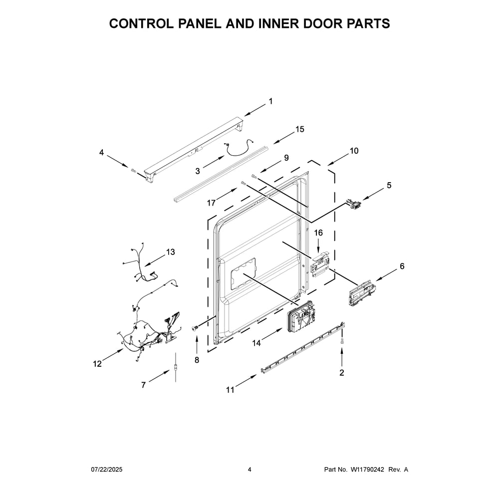 Control Panel And Inner Door Parts Diagram and Parts List for KDFS424SJP0  KitchenAid Dishwasher
