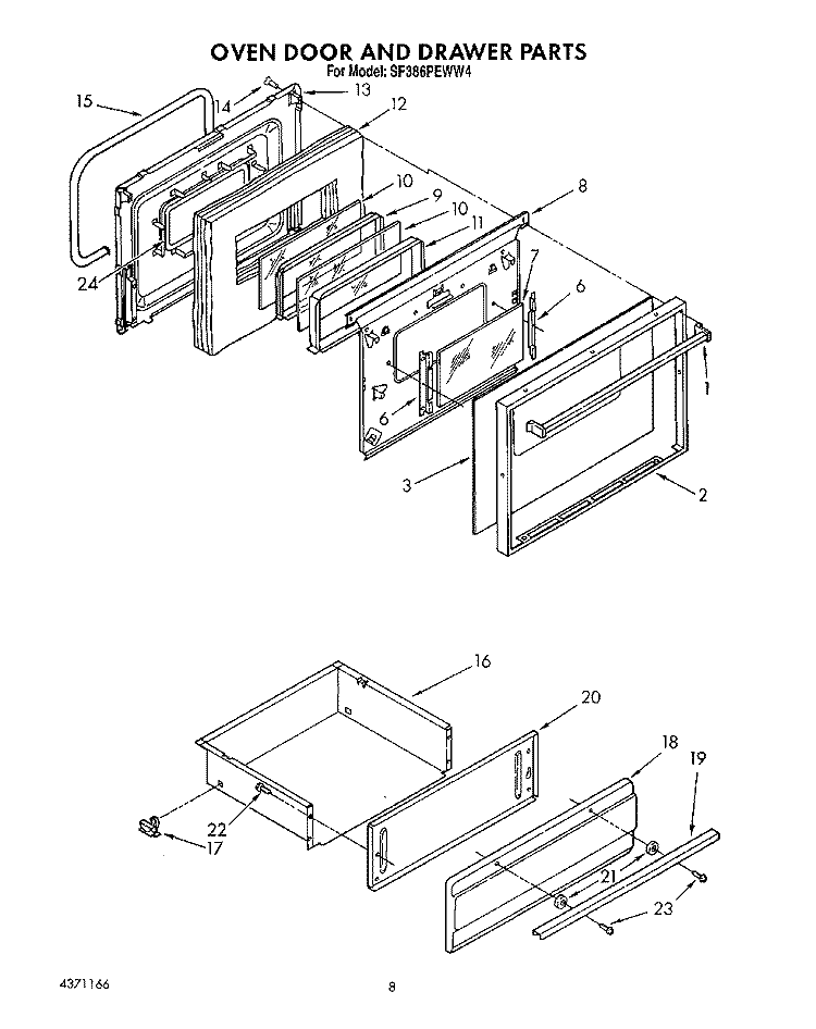 OVEN DOOR AND DRAWER Diagram and Parts List for SF386PEWW4  Whirlpool Range
