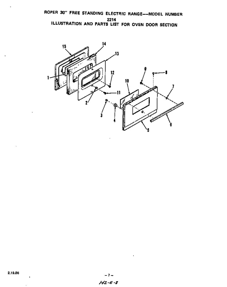 Oven Door Diagram and Parts List for 2234*2A  Roper Range