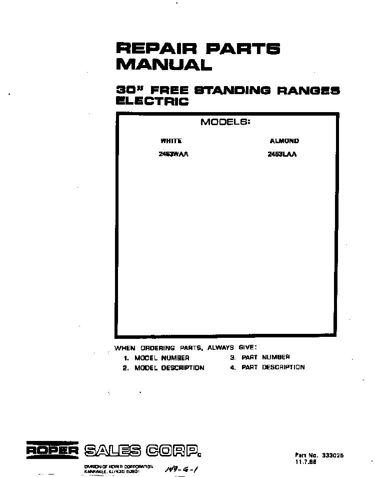 Front Cover Diagram and Parts List for 2453*AA  Roper Range