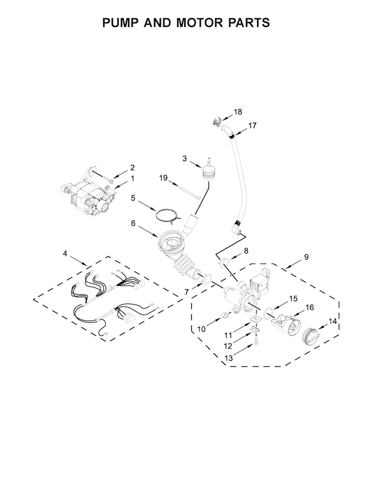 Pump And Motor Parts Diagram and Parts List for CHW9150GW0  Whirlpool Washer
