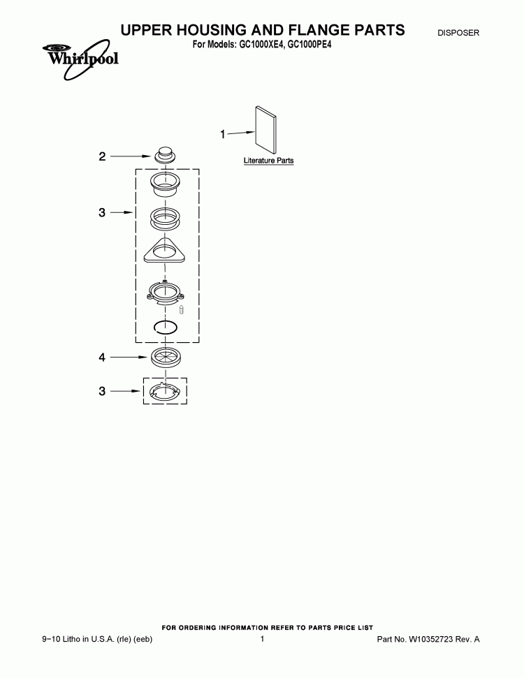 UPPER HOUSING AND FLANGE PARTS Diagram and Parts List for GC1000XE4  Whirlpool Food Waste Disposer