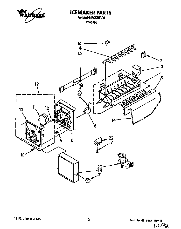 Icemaker Diagram and Parts List for 2155188  Roper Ice Maker