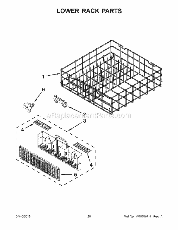 Lower Rack Parts Diagram and Parts List for WDT710PAYH4  Whirlpool Dishwasher
