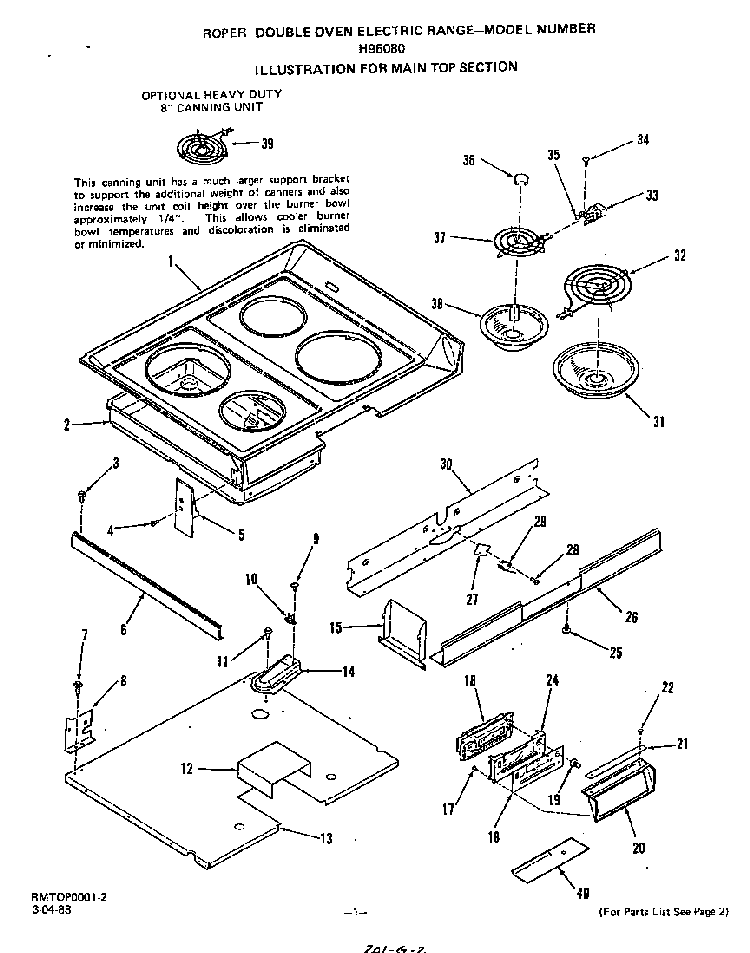 Main Top Diagram and Parts List for H9608*0  Roper Range