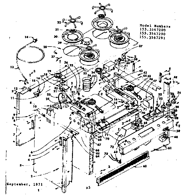 Top Section And Outer Body Diagram and Parts List for 1553567200  Kenmore Range