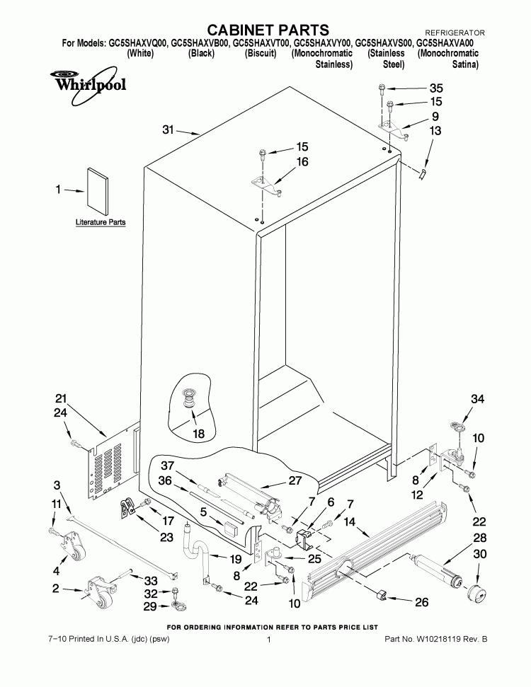 CABINET PARTS Diagram and Parts List for GC5SHAXVB00  Whirlpool Refrigerator