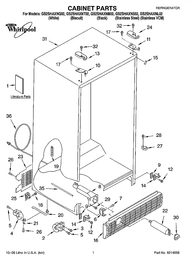 CABINET PARTS Diagram and Parts List for GS2SHAXNB02  Whirlpool Refrigerator