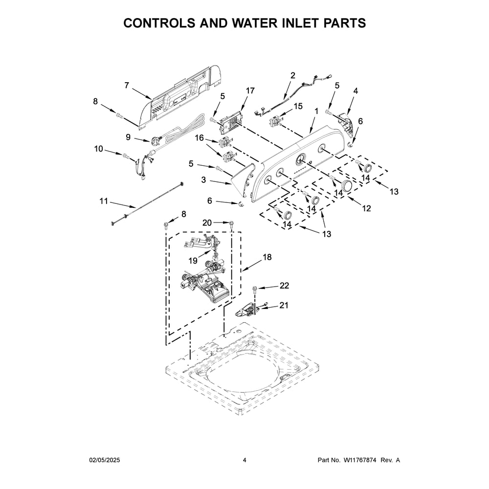 Controls And Water Inlet Parts Diagram and Parts List for 4KWTW5800JW2  Whirlpool Washer