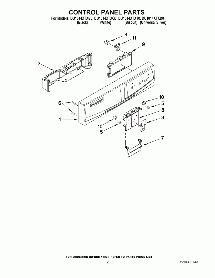 CONTROL PANEL PARTS Diagram and Parts List for DU1014XTXB0  Whirlpool Dishwasher
