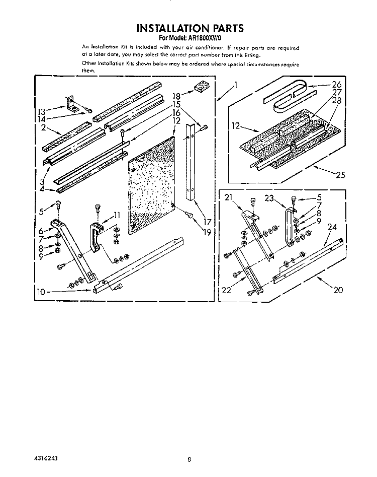 INSTALLATION PARTS Diagram and Parts List for AR1800XW0  Whirlpool Air Conditioner