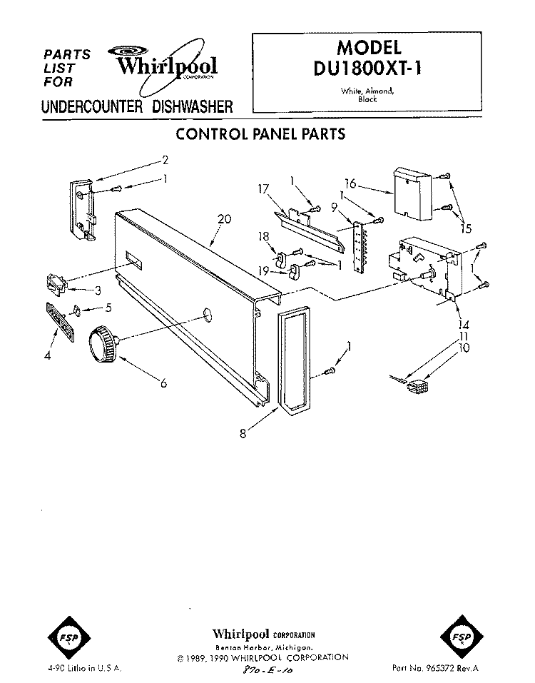 CONTROL PANEL Diagram and Parts List for DU1800XT1  Whirlpool Dishwasher