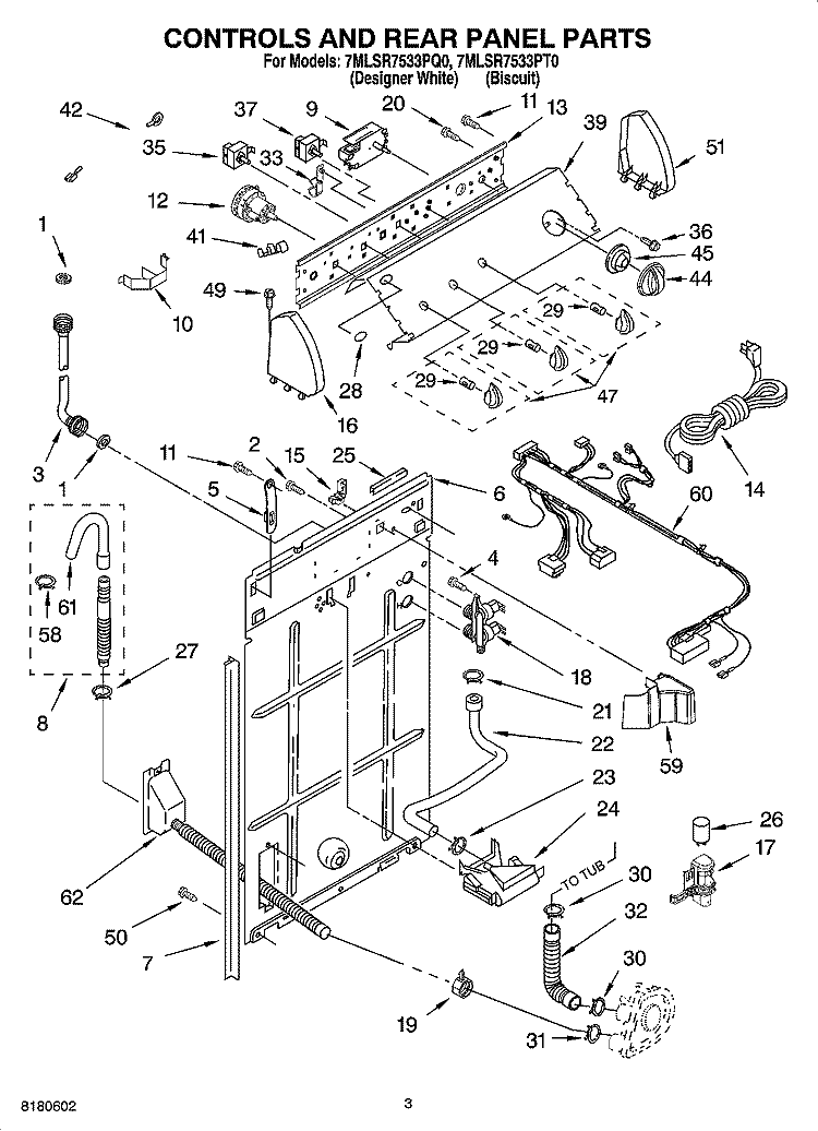 CONTROLS AND REAR PANEL PARTS Diagram and Parts List for 7MLSR7533PT0  Whirlpool Washer