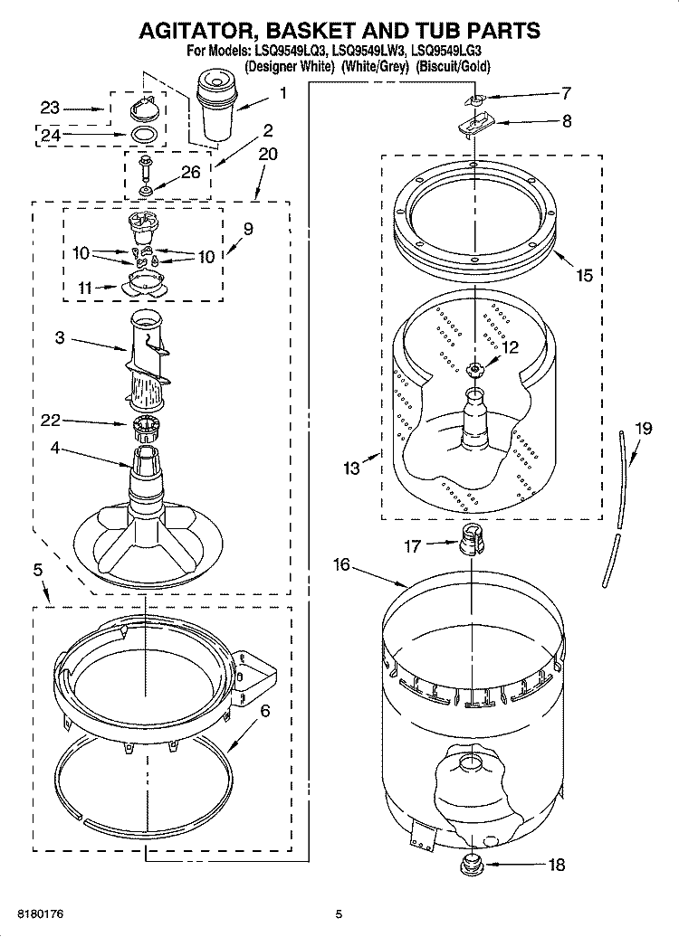 AGITATOR, BASKET AND TUB PARTS Diagram and Parts List for LSQ9549LQ3  Whirlpool Washer