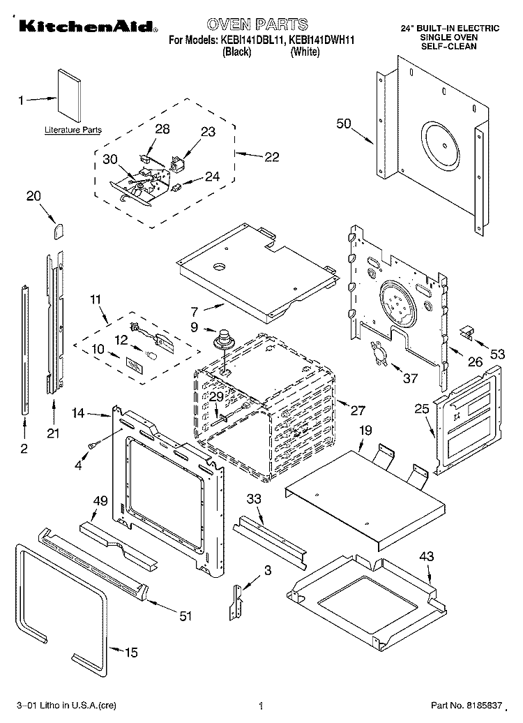 OVEN, LITERATURE Diagram and Parts List for KEBI141DBL11  KitchenAid Wall Oven