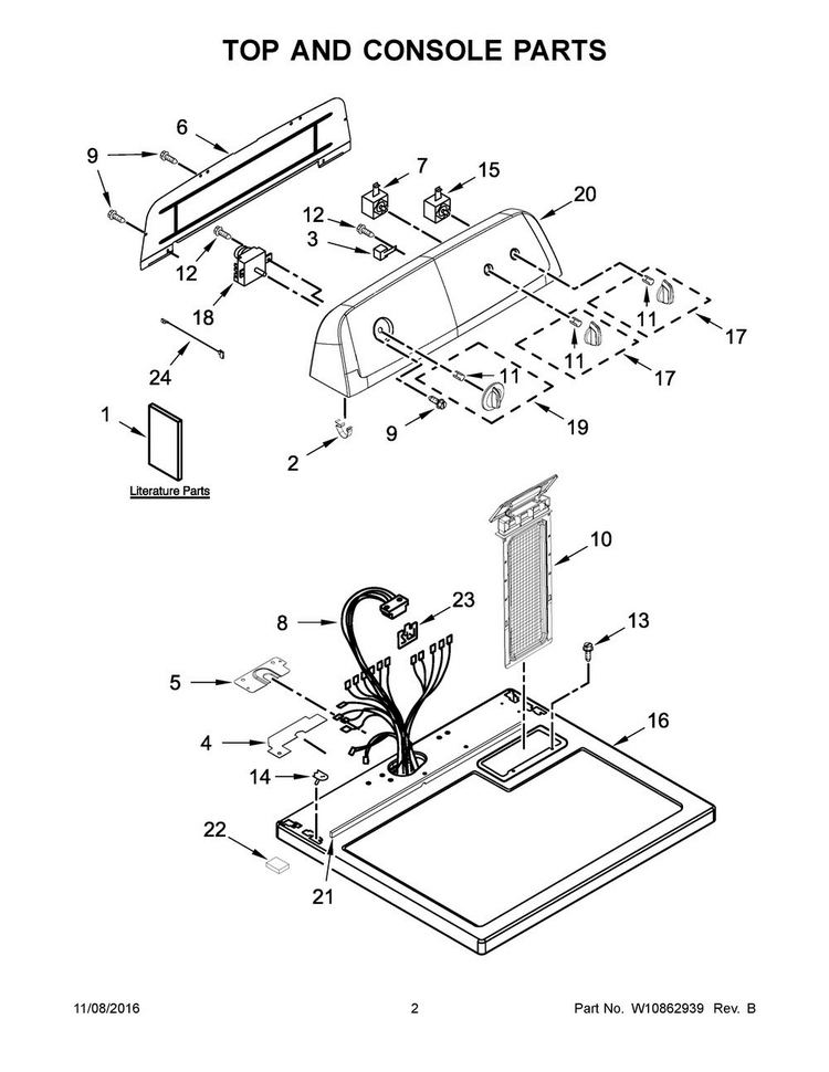 Top And Console Parts Diagram and Parts List for YIED4771EW1  Inglis Dryer