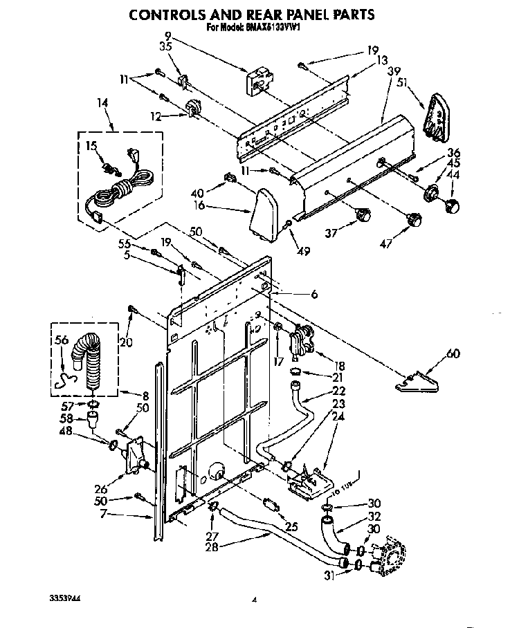 Controls And Rear Panel Diagram and Parts List for 6MAX5133VW1  Whirlpool Washer