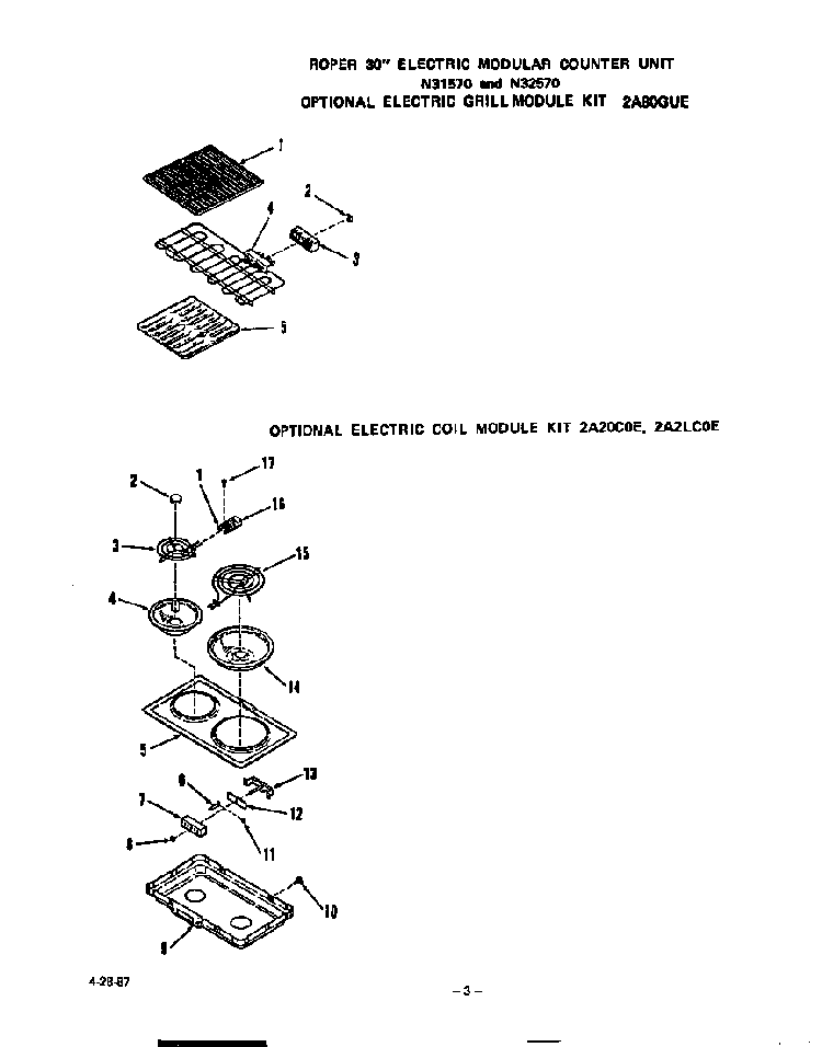 ^electric Grill Module Diagram and Parts List for N3157*0  Roper Range