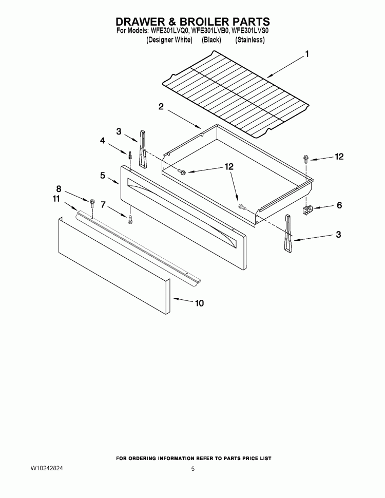 DRAWER & BROILER PARTS Diagram and Parts List for WFE301LVQ0  Whirlpool Range