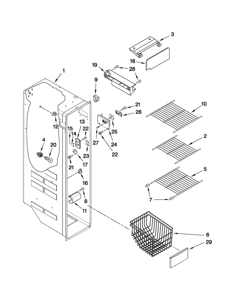 Freezer Liner Parts Diagram and Parts List for 10651593011  Kenmore Refrigerator