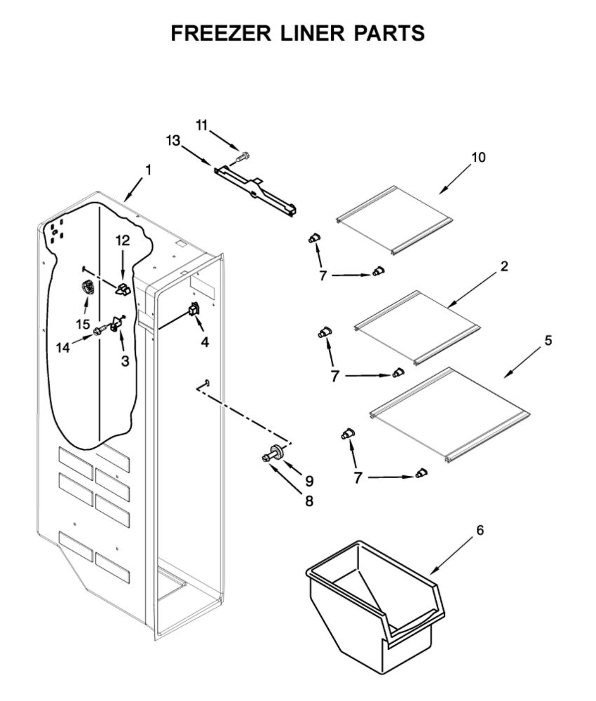 Freezer Liner Parts Diagram and Parts List for 10651752714  Kenmore Refrigerator