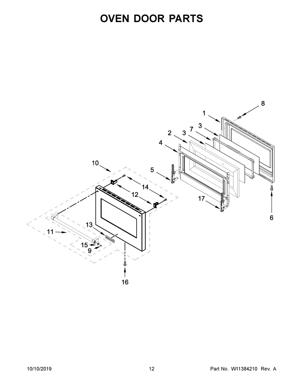 Oven Door Parts Diagram and Parts List for KFDC500JBK00  Whirlpool Range