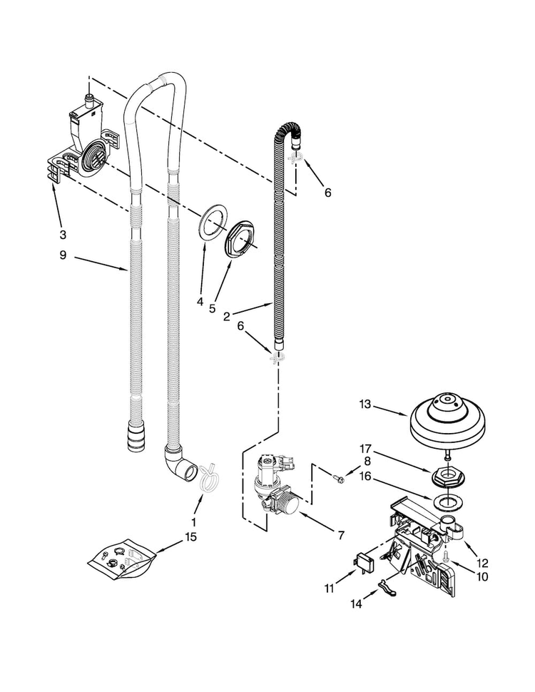 Fill, Drain And Overfill Parts Diagram and Parts List for WDT790SAYW3  Whirlpool Dishwasher
