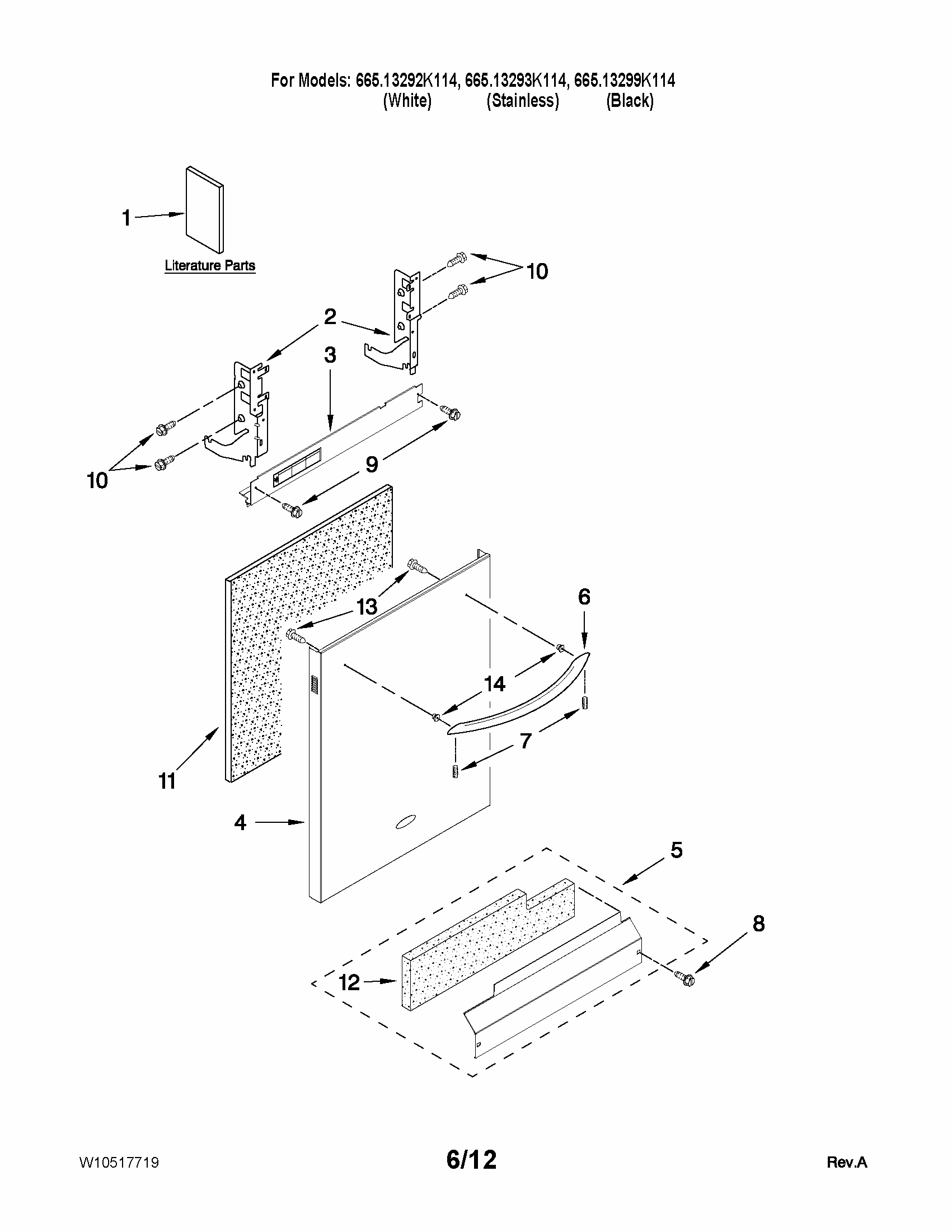 Door And Panel Parts Diagram and Parts List for 66513292K114  Kenmore Dishwasher