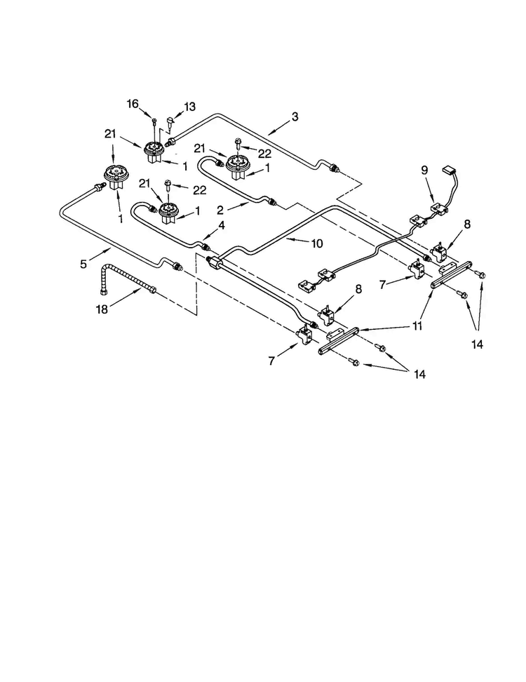 Cooktop Burner Diagram and Parts List for GW395LEGT2  Whirlpool Range