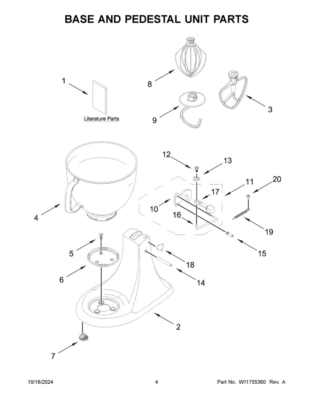 03 - Base And Pedestal Unit Parts Diagram and Parts List for 5K45SSBWH5  Whirlpool Mixer