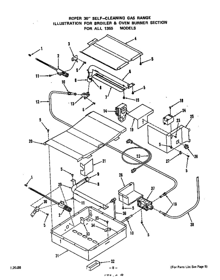 Broiler And Oven Burner Diagram and Parts List for 1355*0A  Roper Range