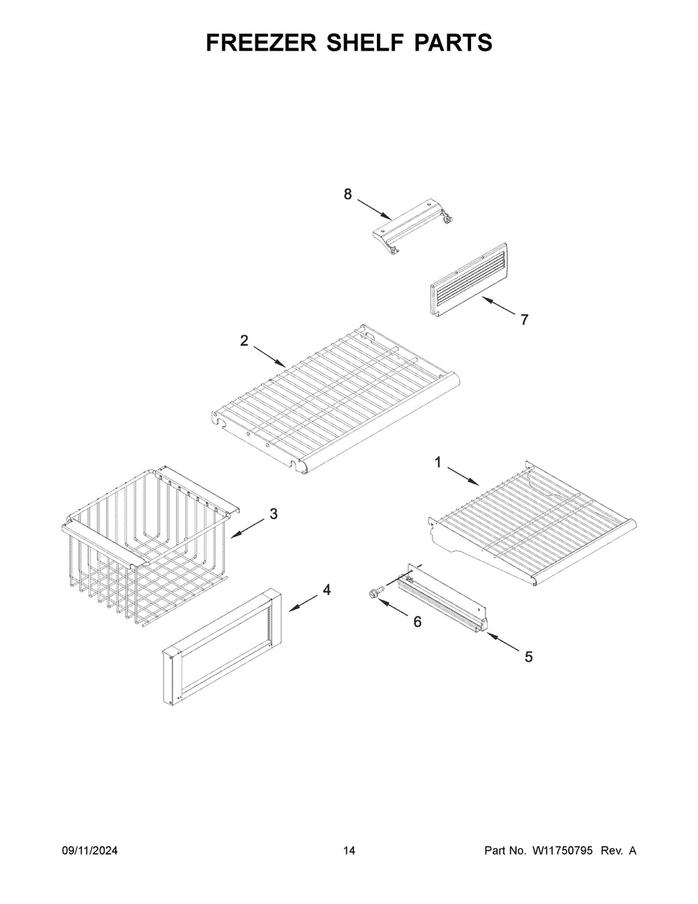08 - Freezer Shelf Parts Diagram and Parts List for JBSS42E22L01  Whirlpool Refrigerator