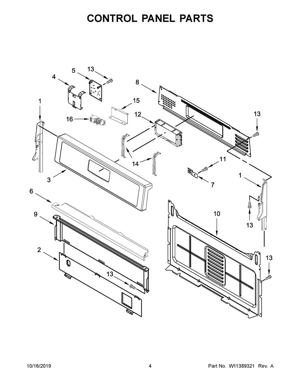 Control Panel Parts Diagram and Parts List for WFG515S0JB0  Whirlpool Range
