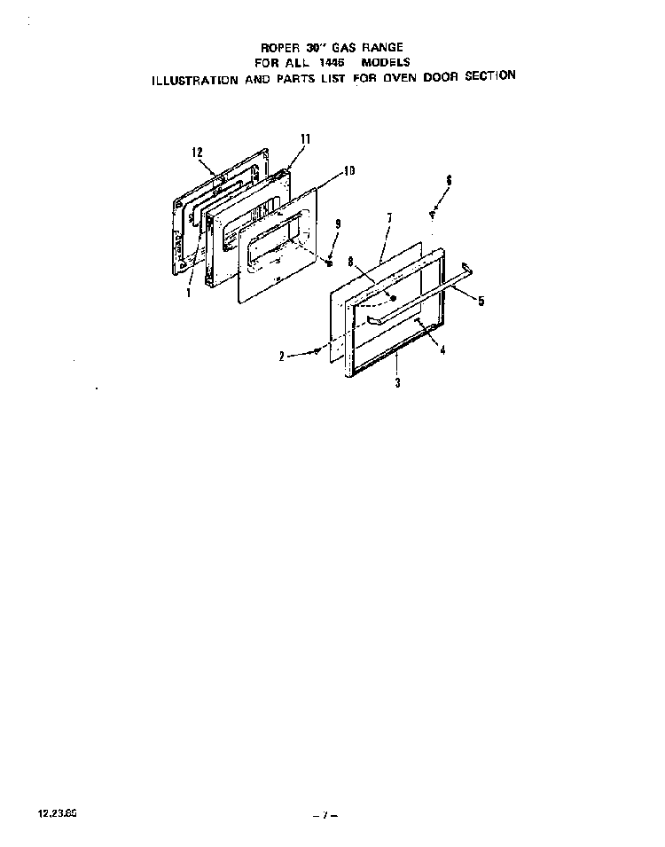 Oven Door Diagram and Parts List for 1446*1A  Roper Range