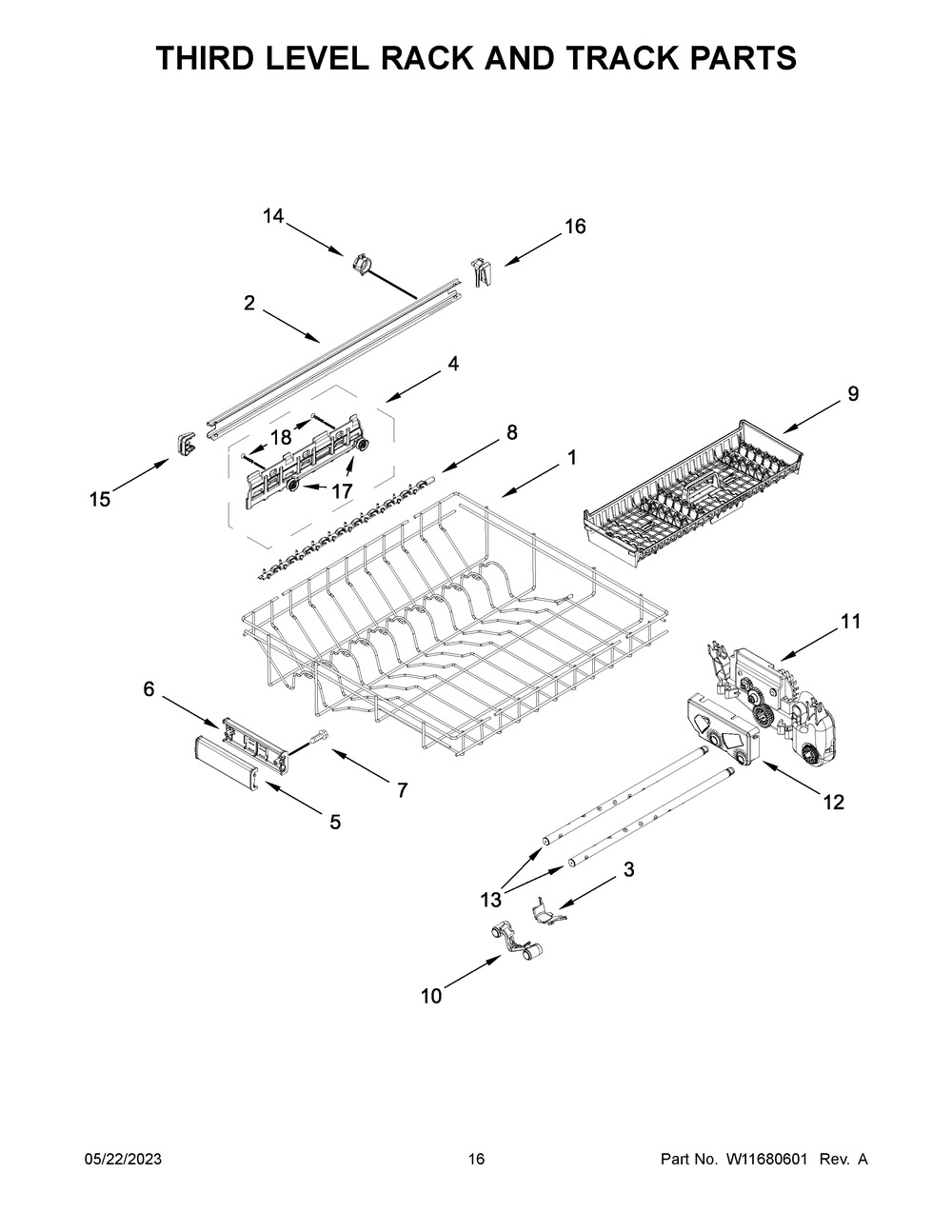 Third Level Rack And Track Parts Diagram and Parts List for KDPM604KPS2  KitchenAid Dishwasher