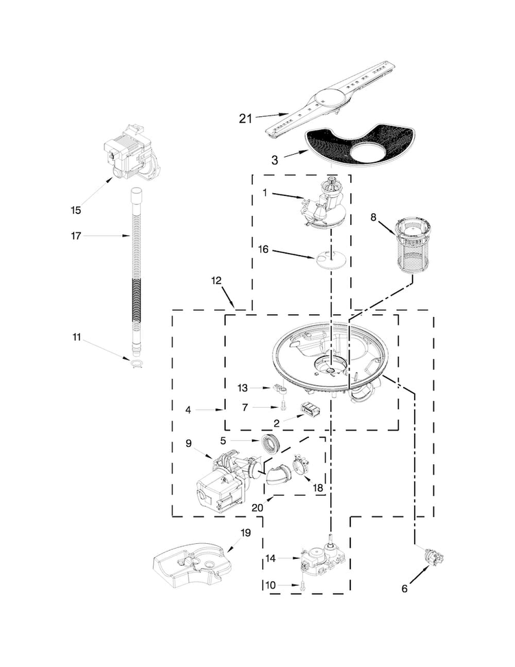 Pump, Washarm And Motor Parts Diagram and Parts List for WDF760SADW1  Whirlpool Dishwasher