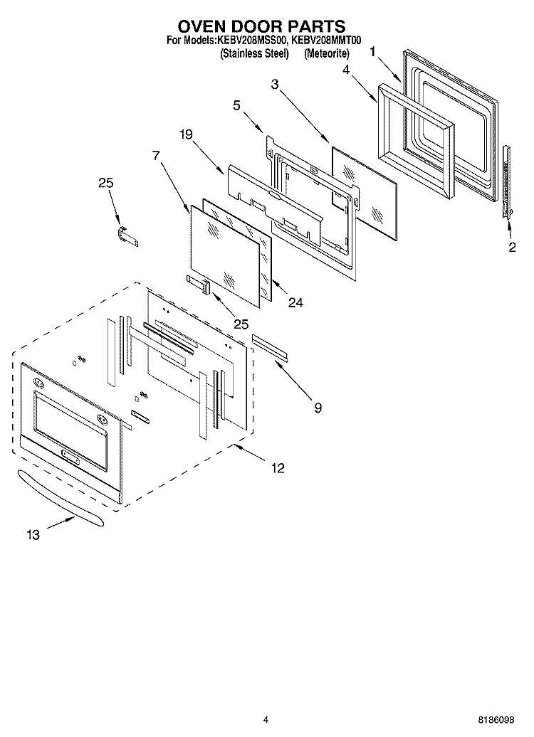 OVEN DOOR PARTS Diagram and Parts List for KEBV208MMT00  KitchenAid Wall Oven
