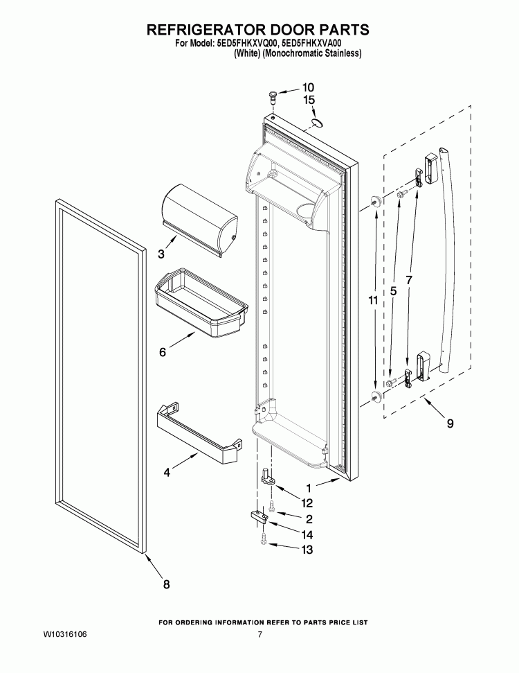 REFRIGERATOR DOOR PARTS Diagram and Parts List for 5ED5FHKXVQ00  Whirlpool Refrigerator