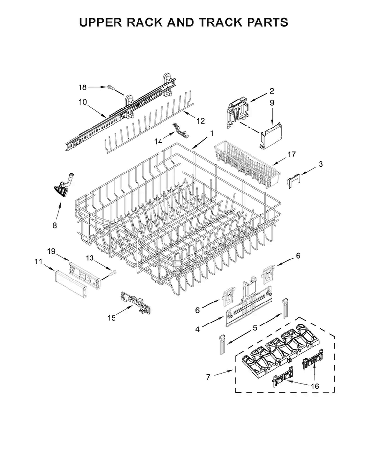Upper Rack And Track Parts Diagram and Parts List for KDTM354EBS2  KitchenAid Dishwasher